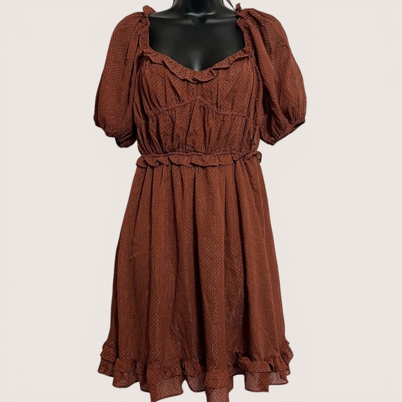 By The River Dresses & Skirts - By The River Brown Polka Dot Puff Sleeve Dress Small Smocked Back